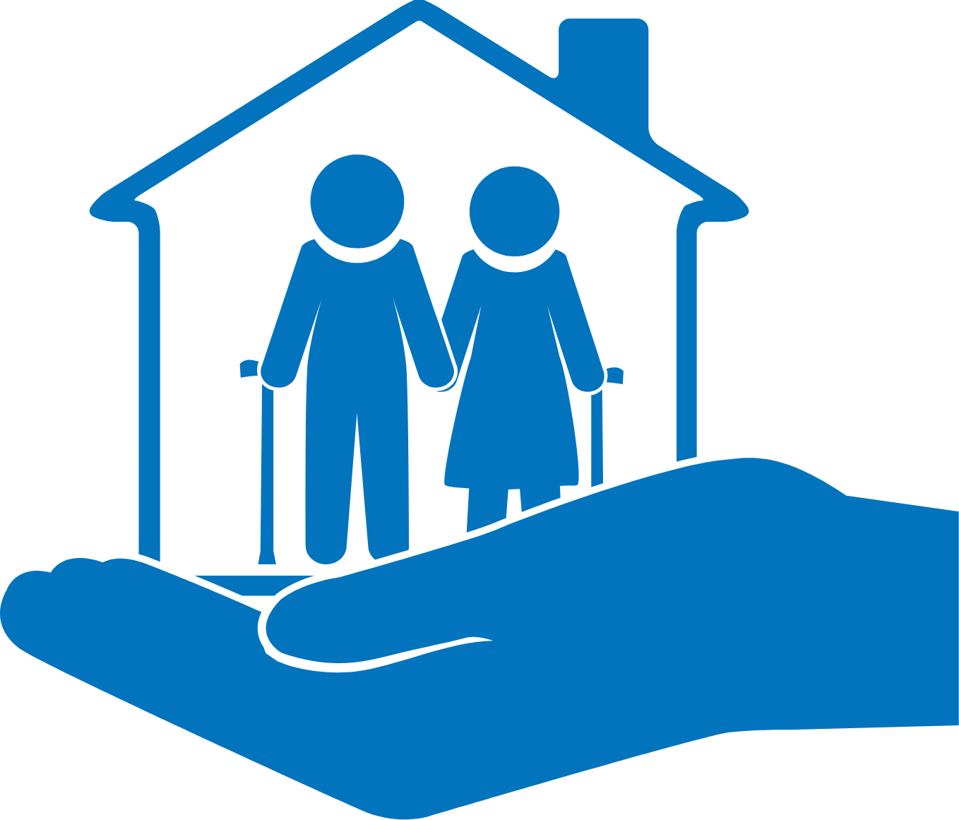 Icon of two elder people with a cane and a hand holding them representing assisted care living